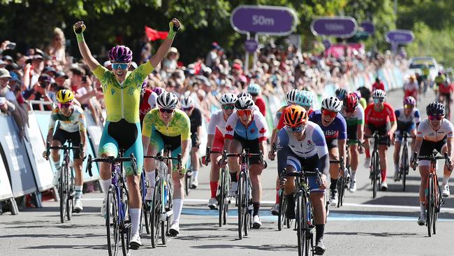 Georgia Baker of Team Australia celebrates as they win gold in the Women's Road Race in the Birmingham 2022 Commonwealth Games. Picture Luke Walker/Getty Images