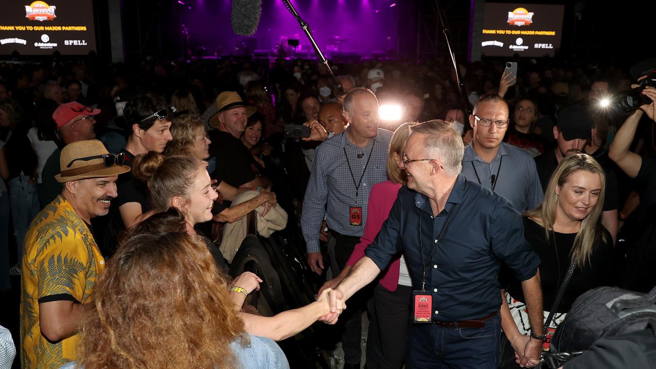 Prime Minister Anthony Albanese and partner Jodie Haydon attended Bluesfest on day 6 of the 2022 federal election campaign. Picture: NCA.