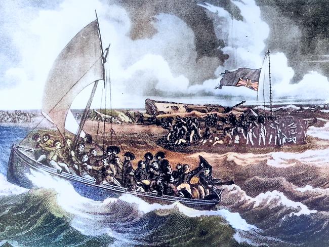 Mission of Hope ... a colourised version of a sketch depicting Flinders and his men leaving Wreck Reef on their voyage to Sydney.