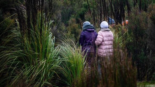 Walkers rugged up for a Sunday afternoon walk on Mount Wellington / kunanyi. Picture: Linda Higginson