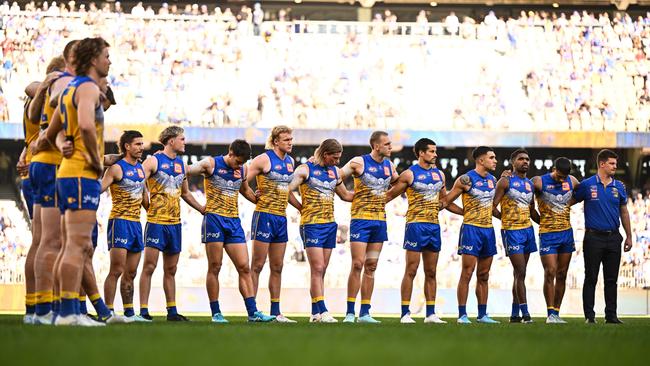 Eagles players before the match on Sunday. Picture: Getty Images