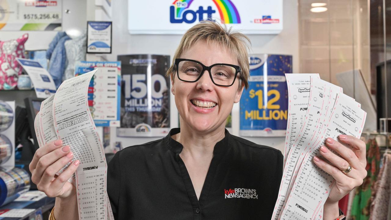 Kylie Brown in her Glenelg newsagency with Powerball syndicate entries. The jackpot this week is $150 million. Picture: Brenton Edwards