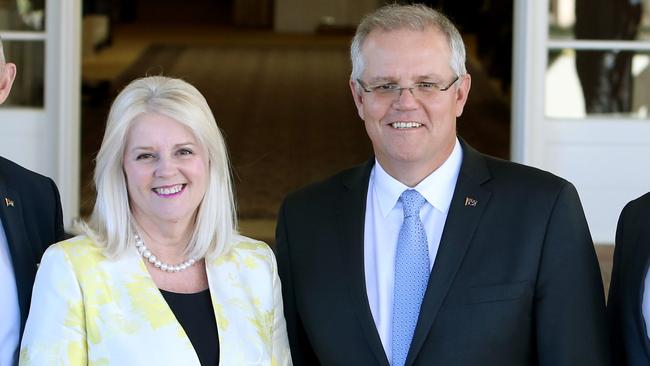 Stuart Robert, Assistant Treasurer, Karen Andrews-Industry Science and Technology, Prime Minister Scott Morrison, Steven Ciobo, Minister for Defence Industry and Scott Buchholz-Assistant Minister for Raods and Transport at Government House in Canberra Picture Kym Smith