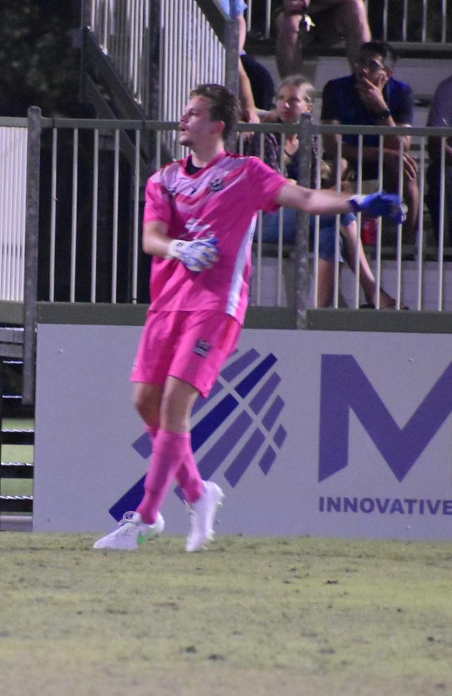 Crusaders Ethan Reed sends it down in Magpies Crusaders v Sunshine Coast Fire in the FQPL1 at Sologinkin Oval. Saturday, March 19, 2022. Picture: Tara Miko