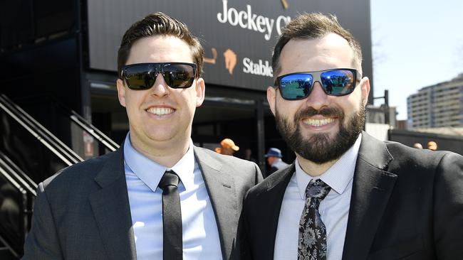 Caulfield Guineas horse race meeting, Caulfield, Victoria, Saturday 12th October 2024. Faces in the crowd. Pictured enjoying the race meeting are Nick and Dylan. Picture: Andrew Batsch