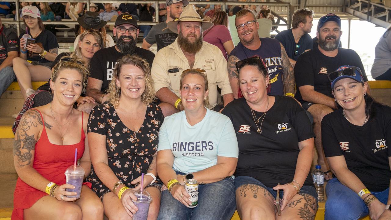 (back from left) Belle Stockwell, Luke Pitman, Chris Knight, Shane McNeight and Ken Wilson. (front from left) Jen Preston, Sam O'Connor, Katrina Mcneight, Mychelle Knight and Carina Wilson at Meatstock, Toowoomba Showgrounds. Friday, April 8, 2022. Picture: Nev Madsen.