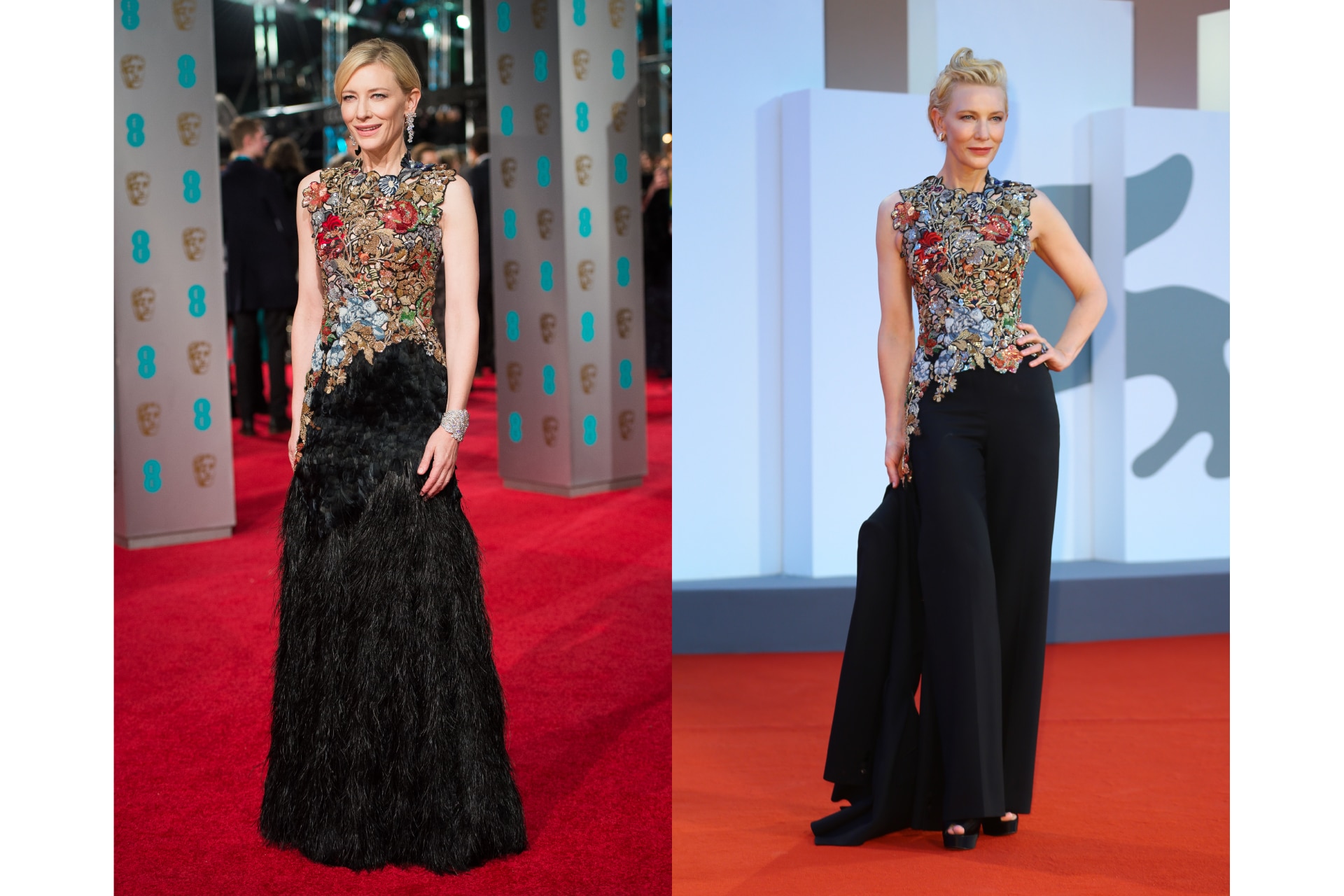 <p><b>Alexander McQueen at the 2016 BAFTA Awards and the 2020 Venice Film Festival</b></p><p>The queen of reworking strikes again&mdash;the intricate, embellished bodice of this Alexander McQueen dress which originally appeared attached to a feathered skirt is given new life with a pair of chic black trousers and blazer.</p>