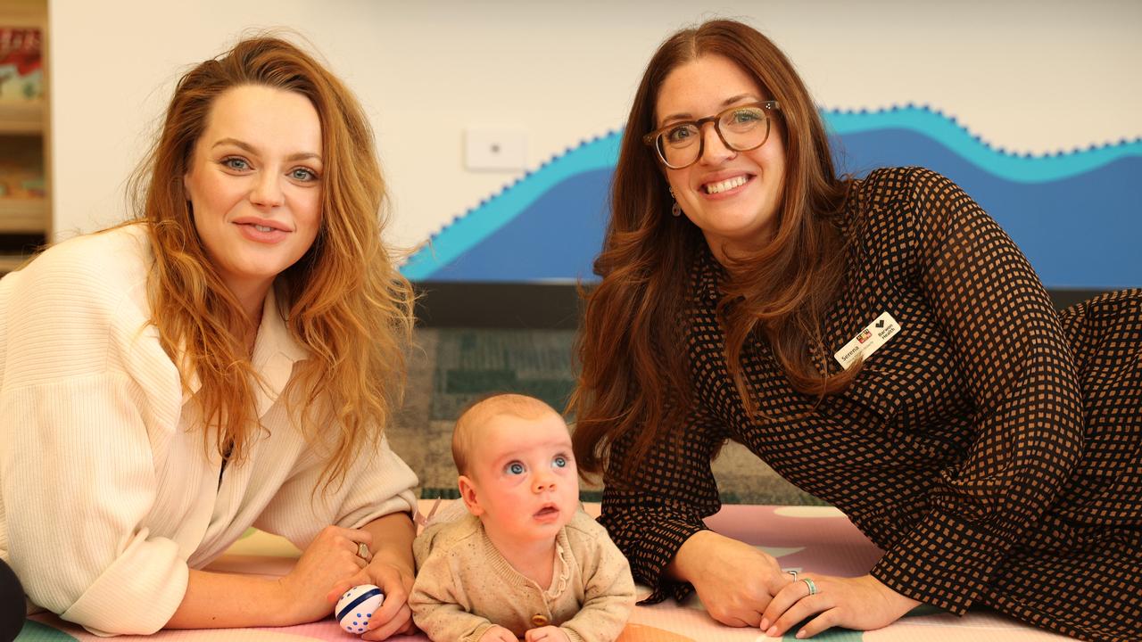 Madison Papas with 11-week-old Goldie and midwife Serena Pellizzeri from Barwon Health. Picture: Alison Wynd.