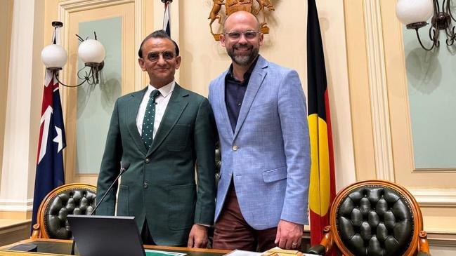Zaffar Khan with Queensland’s then-opposition treasury spokesman David Janetzki in the state’s parliament house in October 2024.