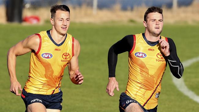 AFL – Adelaide Crows training at West Lakes. Tom Doedee and Brad Crouch. Picture Sarah Reed