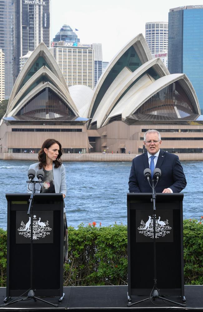 New Zealand Prime Minister, Jacinda Ardern and Australian Prime Minster, Scott Morrison speak to media at a press conference held at Admiralty House. Picture: Getty