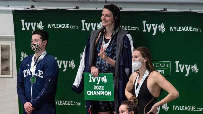 Transgender swimmer Lia Thomas (2nd L) dominated US college competition upon transitioning. Picture: AFP