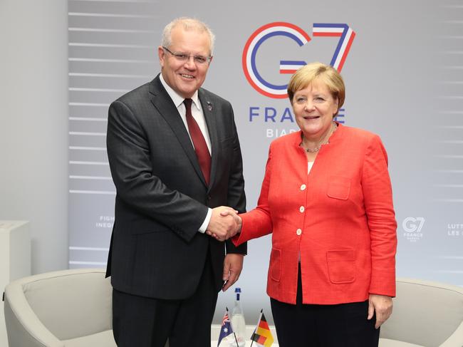 Prime Minister Scott Morrison with Angela Merkel at the G7 Summit in 2019. Picture: Adam Taylor