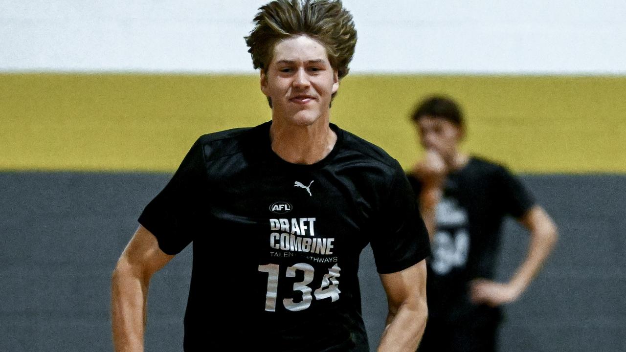 Central District’s Liam Fawcett powers through the 20m sprint test at the SA state draft combine. Picture: Mark Brake/AFL Photos/Getty Images