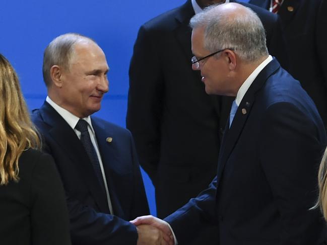 Scott Morrison shakes hands with Vladimir Putin at the G20 summit in Buenos Aires in 2018. Picture: AAP