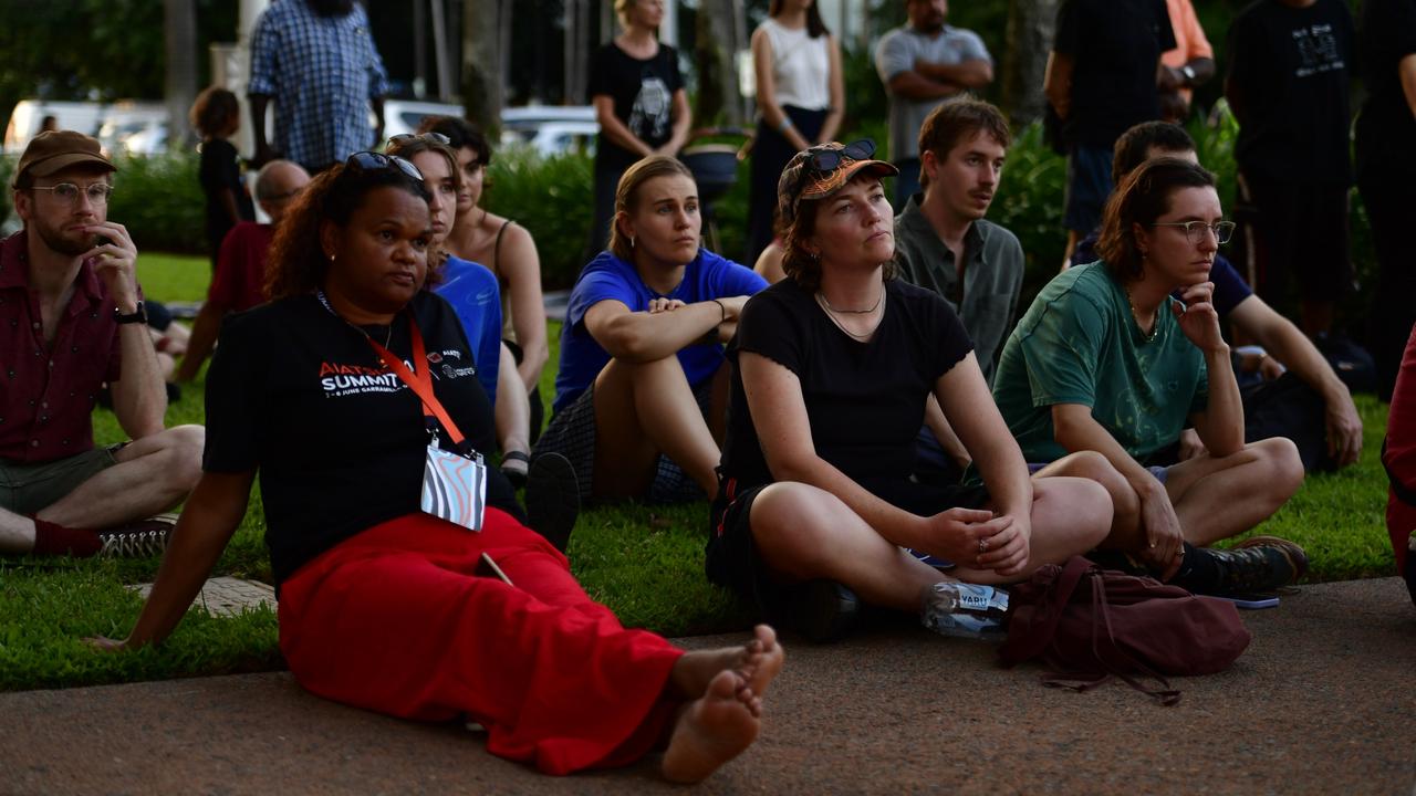 Hundreds of Top End residents gathered outside the NT Parliament on Wednesday for a vigil for Kumanjayi White, a 24-year-old Warlpiri man with a disability who died after being restrained by police in the Alice Springs Coles. Picture: Zizi Averill