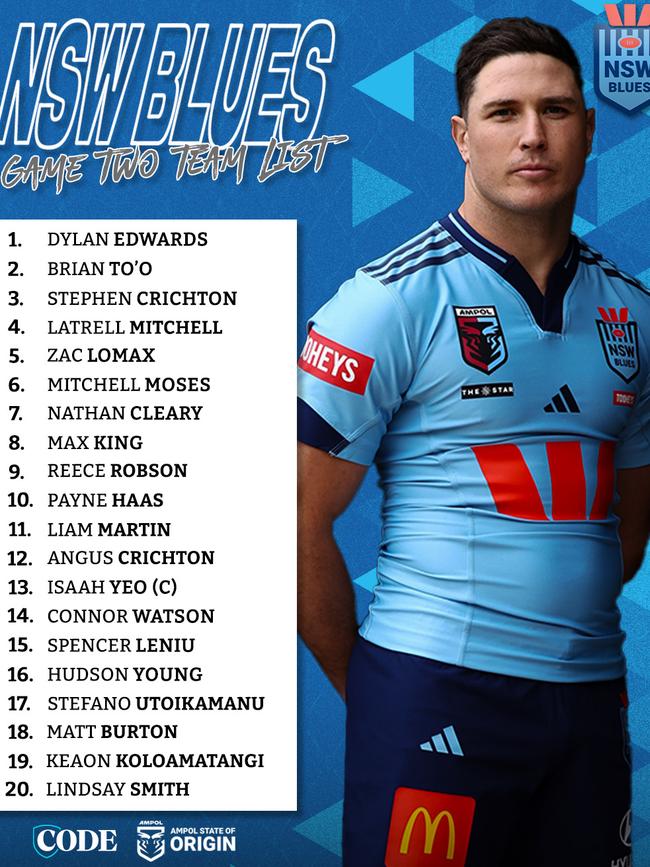The Blues team for Game 2.