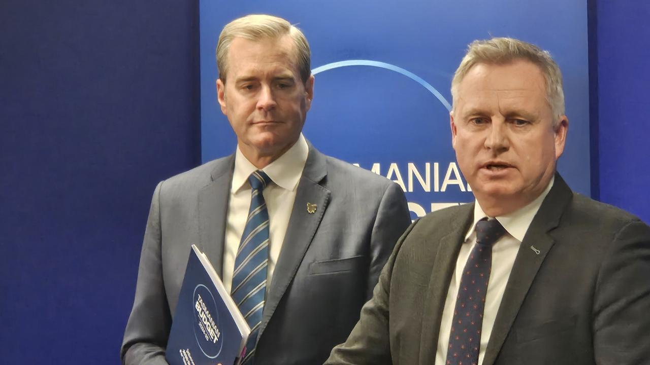 Treasurer Michael Ferguson and Premier Jeremy Rockliff discuss the 2024/25 Budget with reporters at the Executive building in Hobart on Thursday, September 12, 2024.