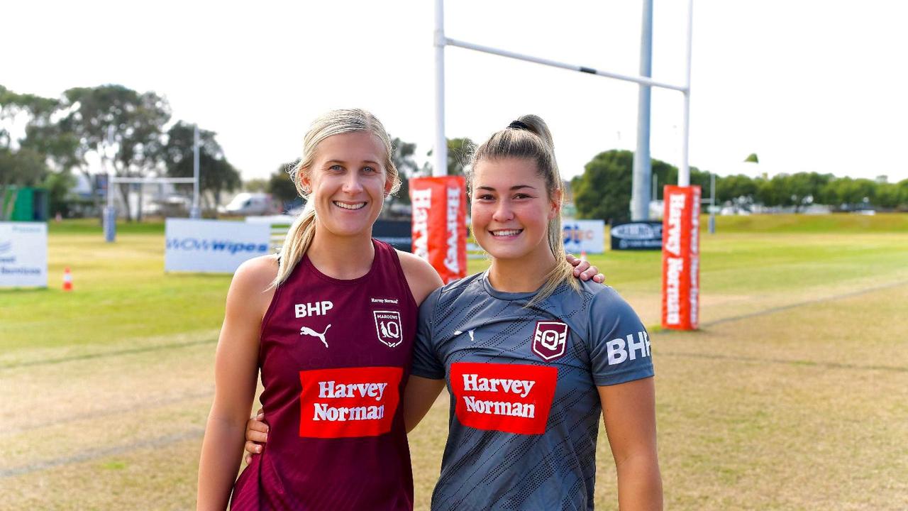 FAMILY ACT: Toowoomba cousins Shenae Ciesiolka (left) and Jada Ferguson line up for Queensland on Friday night. Photo: Nathan Hopkins/QRL