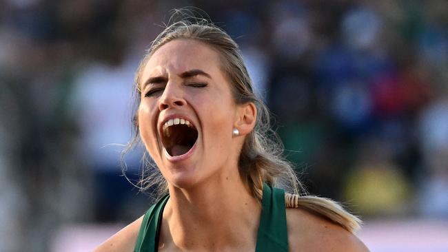 Australia's Kelsey-Lee Barber reacts as she competes in the women's javelin throw finals during the World Athletics Championships at Hayward Field in Eugene, Oregon on July 22, 2022. (Photo by ANDREJ ISAKOVIC / AFP)