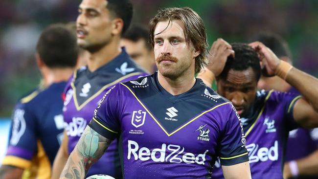 MELBOURNE, AUSTRALIA - MARCH 17: Cameron Munster of the Storm looks on before the round two NRL match between the Melbourne Storm and the South Sydney Rabbitohs at AAMI Park, on March 17, 2022, in Melbourne, Australia. (Photo by Kelly Defina/Getty Images)