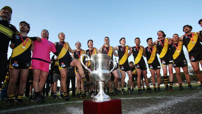 Torquay celebrate with the BFL premiership cup. Picture: Alan Barber