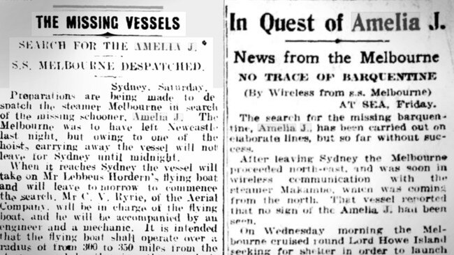 1920 newspaper articles about the disappearance of the ship Amelia J, the search for which also saw the disappearance of a military biplane. Picture: Trove