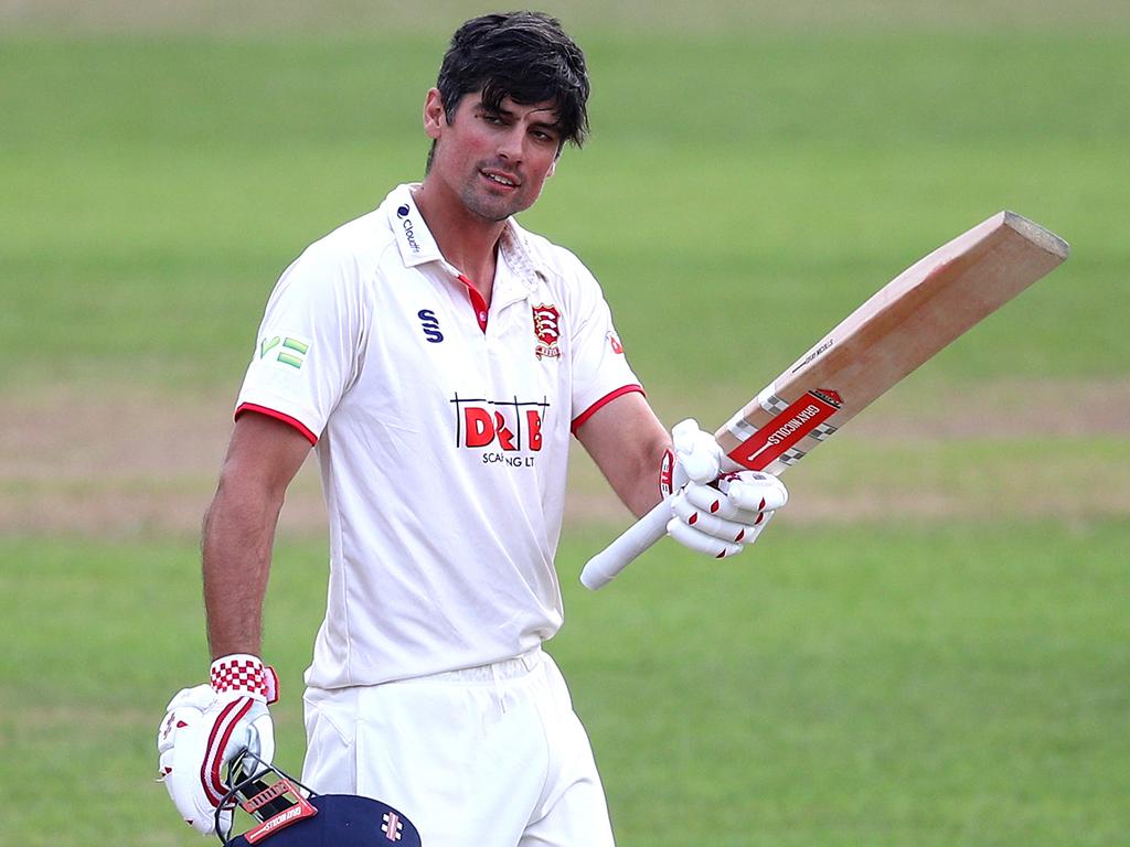 Alastair Cook celebrates a century for Essex during a County Championship match against Surrey. Significant problems with county cricket are badly affecting the England Test team, Cook argues. Picture: Christopher Lee/Getty Images for Surrey CCC