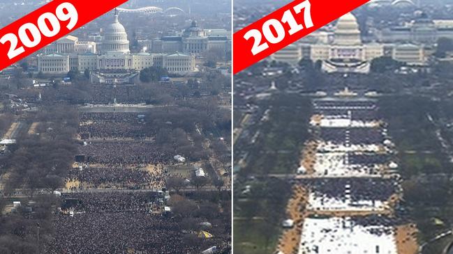 This pair of photos shows a view of the crowd on the National Mall at the inaugurations of President Barack Obama, left, on January 20, 2009, and President Donald Trump, right, on January 20, 2017. Picture: AP