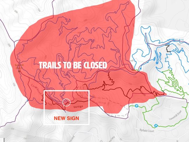 Map prepared by cyclists showing potential tracks to be closed in the Nerang Forest in the Gold Coast hinterland.