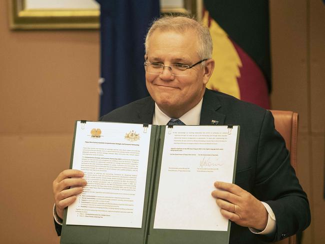 CANBERRA, AUSTRALIA-NCA NewsWire Photos AUGUST 04 2020Virtual Summit between Prime Minister Scott Morrison and the Prime Minister of Papua New Guinea James Marape in Parliament House in Canberra. The pair signed Comprehensive Strategic Economic Partnership Statement of Intent on Technical and Vocational Education.Picture: NCA NewsWire /Gary Ramage