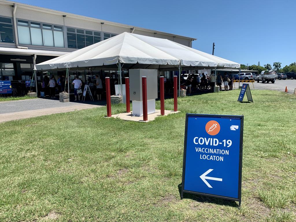 The vaccination clinic at Mackay Showgrounds was overrun on Tuesday morning with people seeking a Covid-19 booster shot. Picture: Rae Wilson