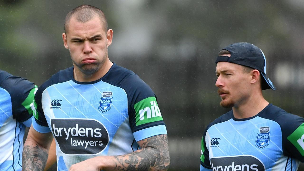 David Klemmer and Damien Cook of the NSW Blues during a training session. (AAP Image/Joel Carrett)