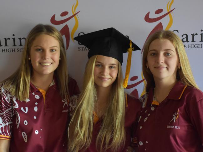 Sarina State High School graduates Lucy Hamblin, Melanie Rigby and Lily Piper are all potential duxes for 2021. Picture: Sarina State High School.