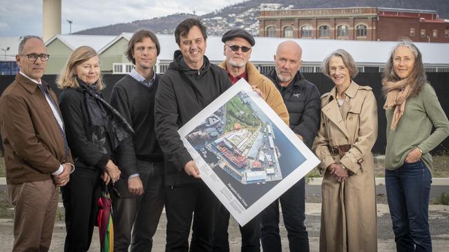 Macquarie Point vision group, Roland Browne, Sukey Johnson, Ben Bartl, Shamus Mulcahy, Greg Lehman, Richard Flanagan, Kate Warner and Kate Calwell. Picture: Chris Kidd