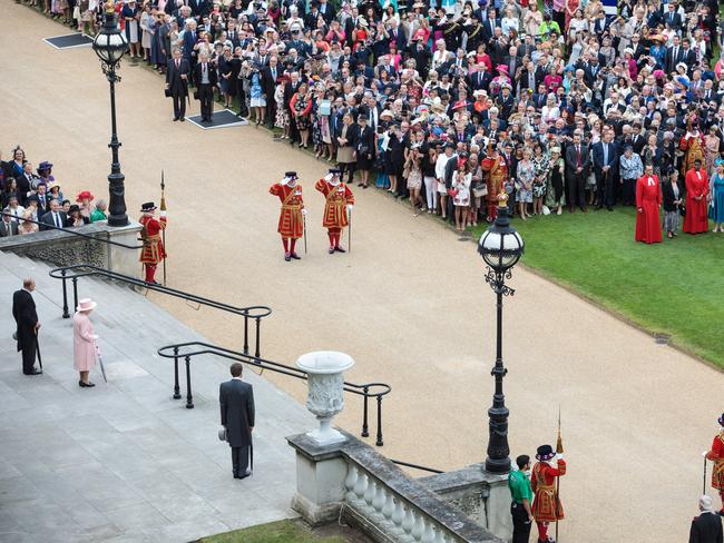 Prince Philip, Duke of Edinburgh and Queen Elizabeth II arrive to greet guests at a garden party at Buckingham Palace on May 16, 2017 in London, England. Picture: Getty