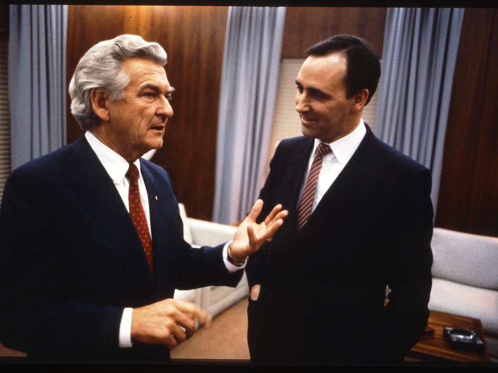 Paul Keating and Bob Hawke, in the Prime Minister’s Office, on one of their last days in Old Parliament House in 1988.