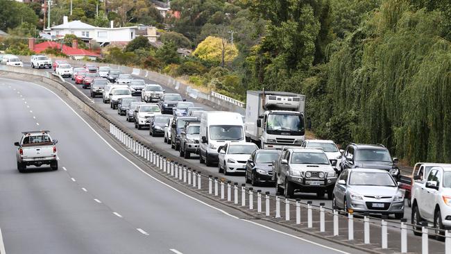 Morning city-bound traffic banked up on the Southern Outlet in Hobart. Picture: NIKKI DAVIS-JONES