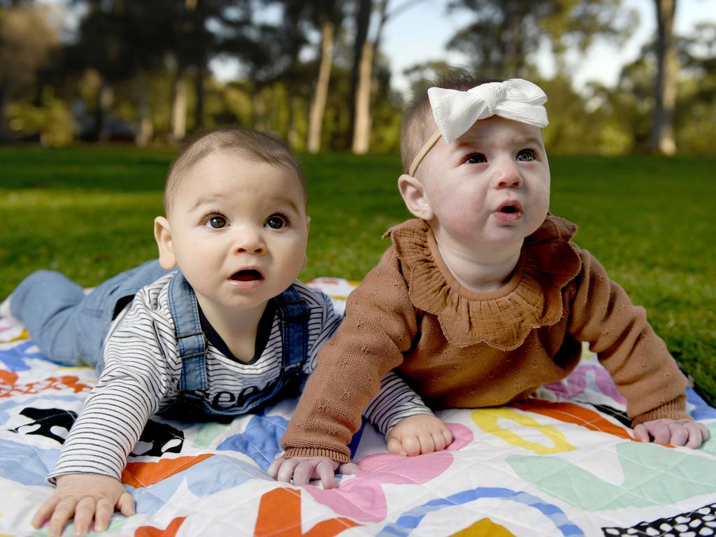 ADELAIDE, AUSTRALIA - NewsWire Photos May 12, 2021: The stats on the most popular baby names are in ... for girls, Charlotte has come in at the top spot for the 8th time in 10 years and Oliver is the most popular boys' name. Picture of baby Charlotte, 5 months (wearing a bow), and Oliver, 7 months. Picture: NCA NewsWire/Naomi Jellicoe