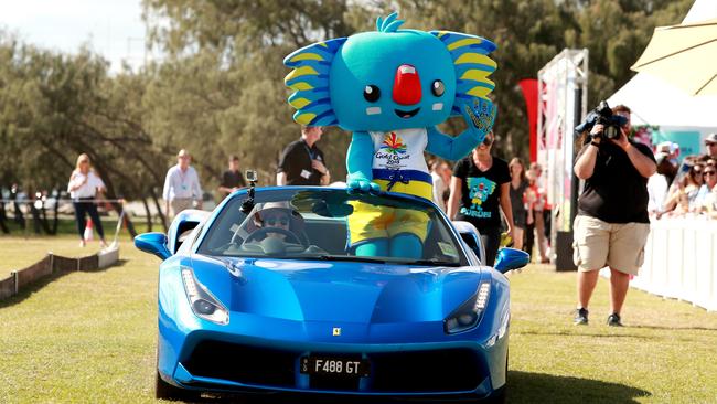 Arriving by car is only for teams, officials, people with a disability and VIPs, like Commonwealth Games mascot Borobi. Picture: Tim Marsden