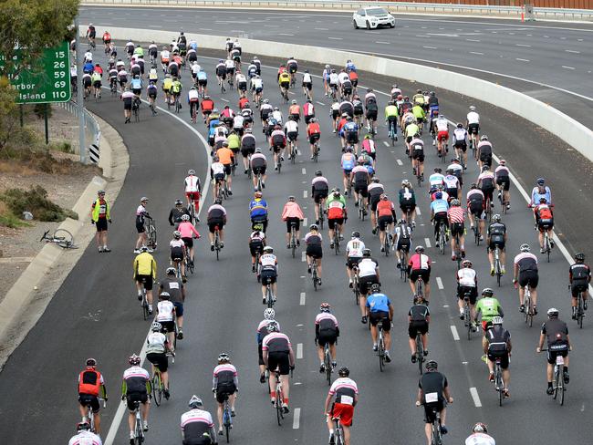 Cyclists on the Southern Expressway for Amy’s Ride. Picture: Campbell Brodie