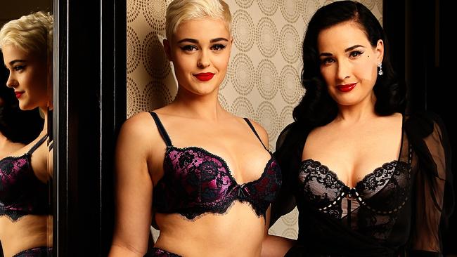 Dita Von Teese with a lingerie model in Melbourne. Picture: Tim Carrafa