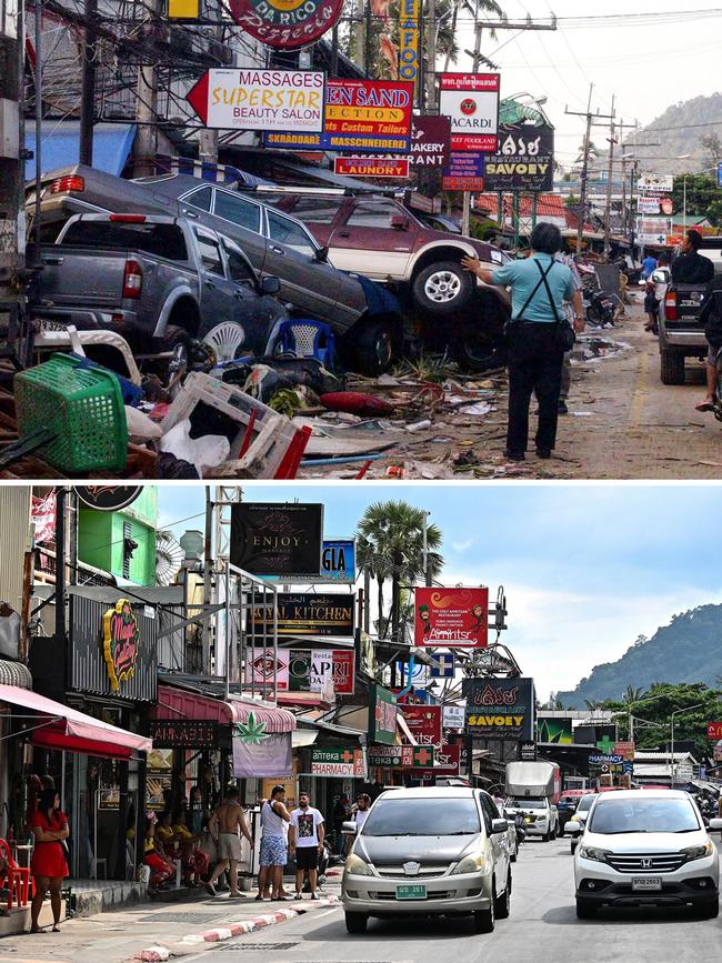 Cars left on Patong Street in Phuket on December 28, 2024 and the same street on November 18, 2024. Picture: Manan Vatsyayan and Ali Ozluer/AFP