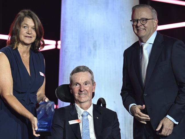 CANBERRA, AUSTRALIA  - NewsWire Photos - January 25, 2025: 2025 Australian of the Year - Neale Daniher AO (VIC) and Prime Minister Anthony Albanese at the National Arboretum in Canberra Picture: NewsWire / Martin Ollman