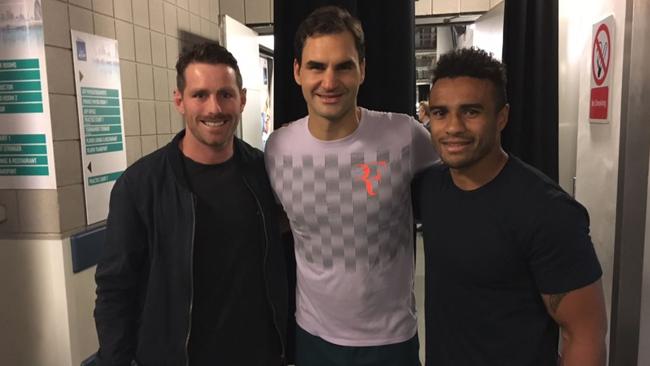 L-R: Bernard Foley, Roger Federer and Will Genia.