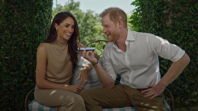 Meghan Markle and Prince Harry in their awkward joint video appearance. Picture: Responsible Technology Youth Power Fund/Vimeo