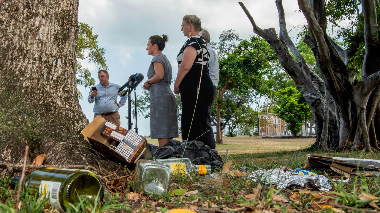 Chief Minister Lia Finocchiaro and Hospitality and Tourism Minister Marie-Clare Boothby, hold a press conference with evidence of problem drinking nearby. Picture: Pema Tamang Pakhrin