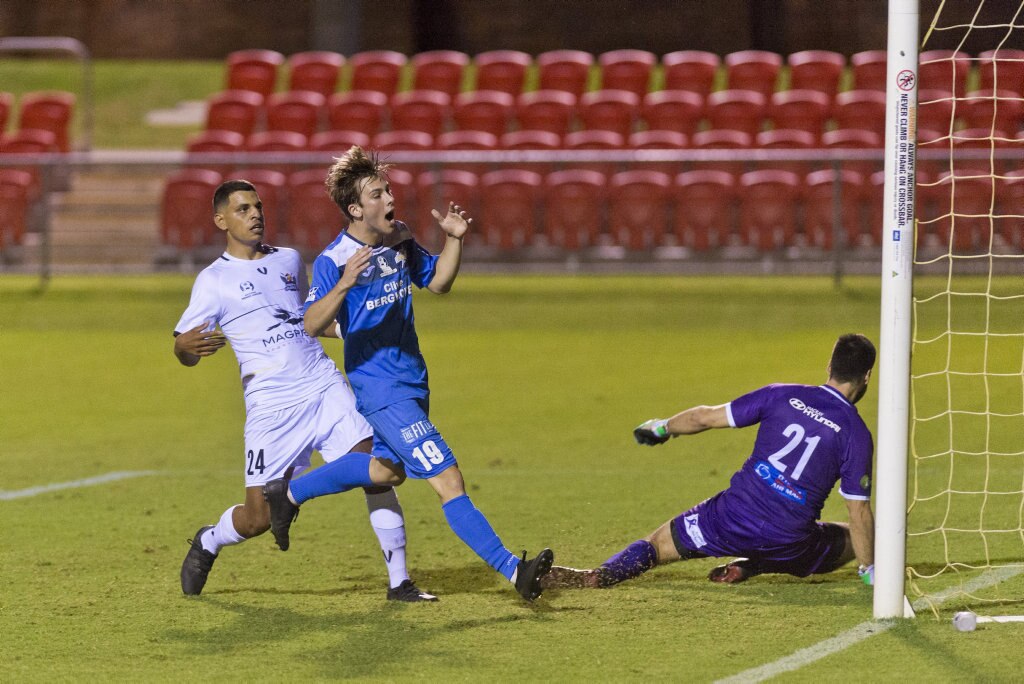 Luke Lister of South West Queensland Thunder reacts after a shot on goal near full time against Magpies Crusaders in NPL Queensland men round five football at Clive Berghofer Stadium, Saturday, March 2, 2019. Picture: Kevin Farmer