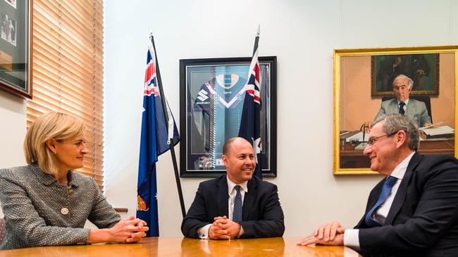 Treasurer Josh Frydenberg with new ASIC Chair Joe Longo and Deputy Sarah Court.