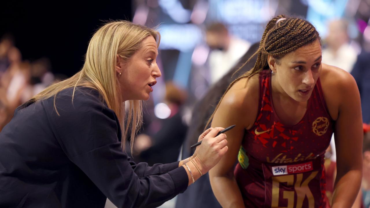 England coach Jessica Thirlby and Geva Mentor during a break in game two of the Cadbury Netball Series between the New Zealand Silver Ferns and the England Vitality Roses. Photo: Getty Images